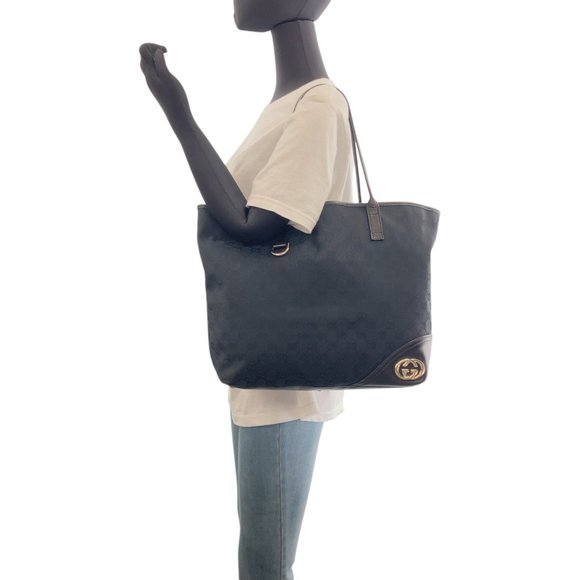 GUCCI Gucci New Brit Black Gold Hardware GG Canvas Leather 169945 Tote Bag Sh... - Picture 6 of 9